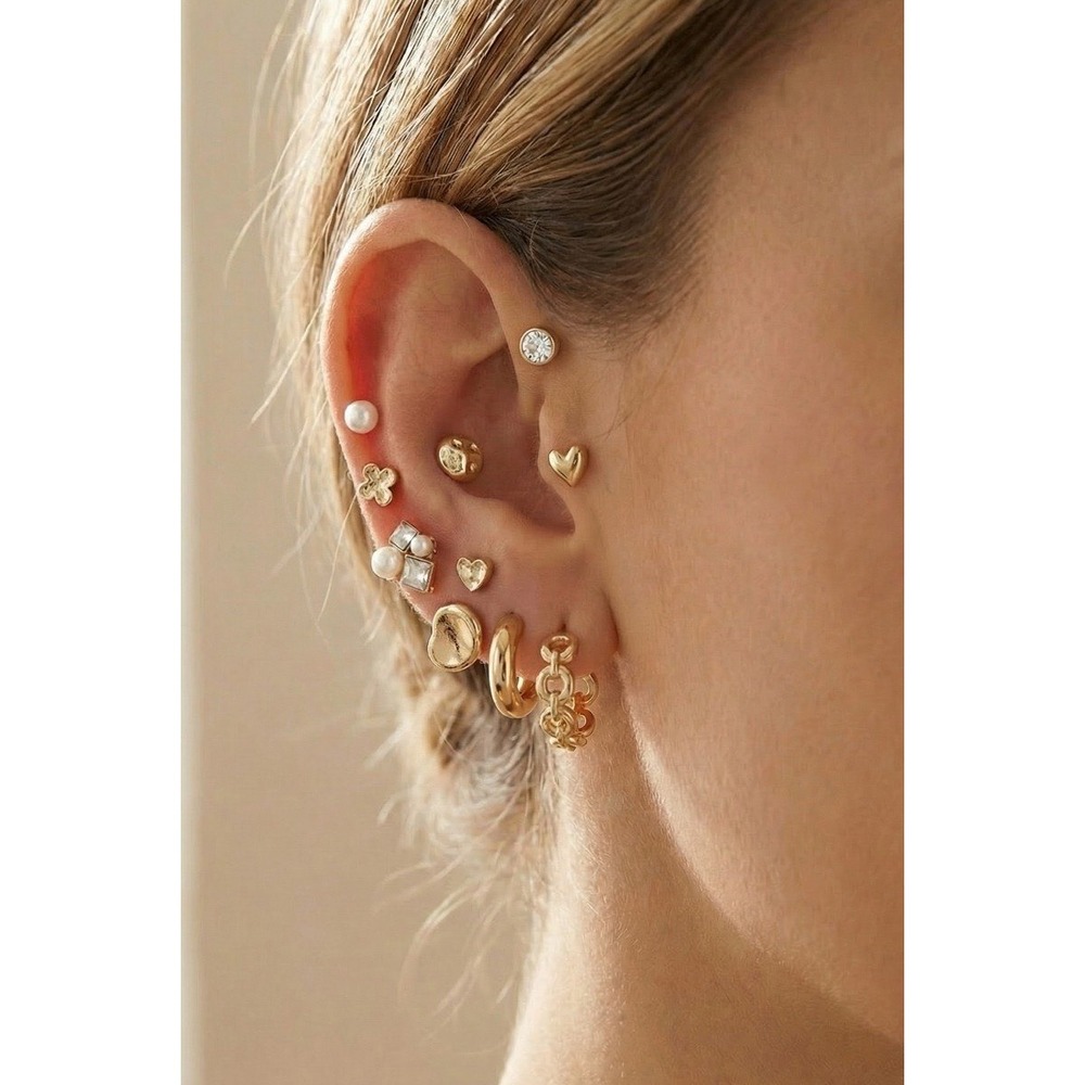 NEW Gold Tone Earrings 10 Pairs Studs Hoops Hearts Faux Pearl Rhinestone Multi - Picture 2 of 4